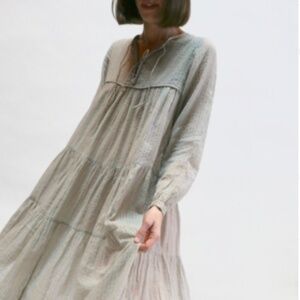 MATTA NY Yamini Rainbow Lurex Tiered Maxi Fairy Dress in Ethereal Dove Gray M